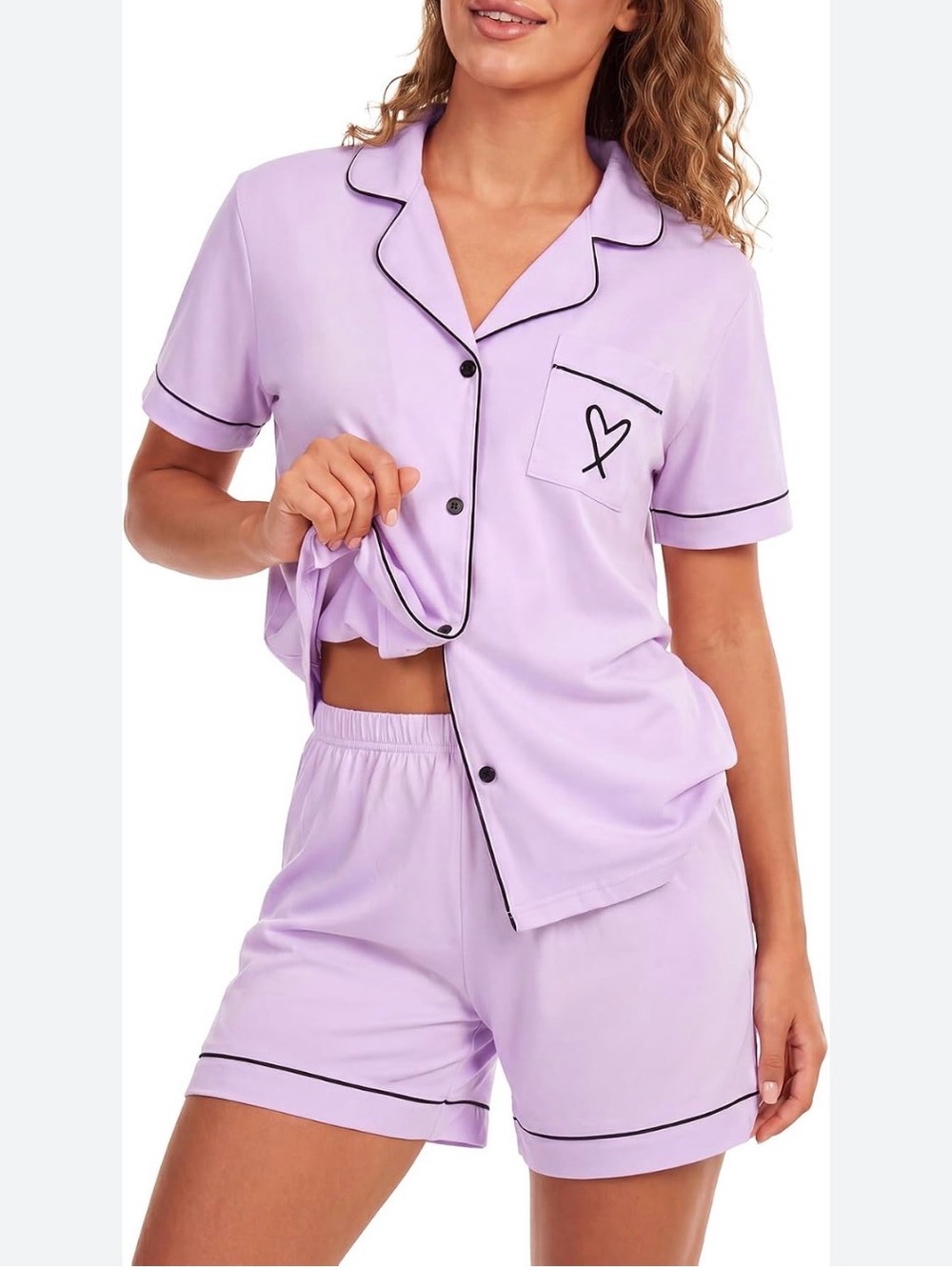 LYANER Women's Pajamas Set Heart Print Button Short Sleeve Shirt Shorts Purple M